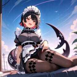 (titancore) ai_generated animal_humanoid bed big_breasts black_hair cute ellen_joe embarrassed female girl hairclip maid maid_uniform monster_girl multicolored_hair shark_girl shark_tail sitting_down video_game_character zenless_zone_zero