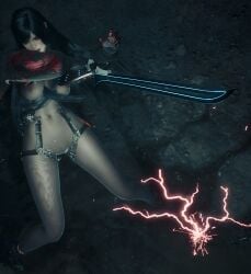 attack black_hair body_stocking breasts clothing_cutout female from_above leather_straps lightning long_hair looking_at_viewer pointing_at_self pussy raven_(stellar_blade) revealing_clothes reverse_outfit screenshot stellar_blade stellarboi sweater_lift sword transparent_clothing video_games