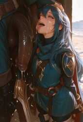 1boy 1girls ai_generated beach blue_eyes blue_hair cock_worship dark-skinned_male female fire_emblem fire_emblem_awakening flat_chest interracial large_penis lucina_(fire_emblem) male nintendo outdoors penis penis_awe penis_on_face precum self_upload sunlight sword tagme tongue tongue_out