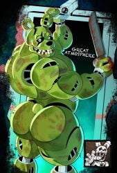 1boy animatronic anthro ass back_view beetleartz bigbchevalier dead_by_daylight five_nights_at_freddy's five_nights_at_freddy's_3 fnaf green_body knife looking_back male male_only muscular muscular_male nude presenting presenting_butt rabbit robot scottgames solo solo_focus springtrap springtrap_(fnaf) teasing
