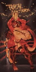 1boy 1girls absurd_res anthro areola armpit armpits arms_above_head award big_breasts biped bodily_fluids bottomwear breasts brown_hair canid canine claws clothing digital_media_(artwork) digital_painting_(artwork) english english_text exposed_breasts eyelashes fangs female fighting_ring fox furry hair hi_res hip_dips holding_award holding_object holding_trophy honhearthy huge_breasts lagopuss legwear lidded_eyes long_hair male mammal navel nipples non-mammal_breasts painting_(artwork) red_body reptile scalie smile snake solo sweat sweaty tail teeth text thick_thighs thigh_highs torn_clothing trophy victory wardrobe_malfunction wide_hips yahtzul_(character)