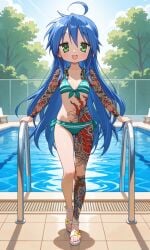 00s 1girls ai ai_generated arm_tattoo belly_tattoo big_eyes bikini blue_hair blue_hair_female chest_tattoo female green_eyes happy happy_female irezumi japanese_tattoo klaiialk konata_izumi leg_tattoo long_hair lucky_star pool sleeve_tattoo solo standing stomach_tattoo tatooed tattoo tattoo_on_arm tattoo_on_belly tattoo_on_stomach tattooed tattooed_arms tattooed_belly tattooed_chest tattoos two_piece_swimsuit