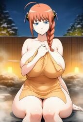 ai_generated areola blue_eyes breasts covering_breasts enormous_breasts female frown gintama huge_thighs kouka_(gintama) milf mother orange_hair towel towel_only