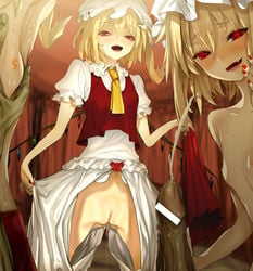 1boy ascot asymmetrical_hair asymmetrical_wings blonde_hair bloomers bloomers_(victorian) breast_grab censored censored_penis female flandre_scarlet flat_chest four_of_a_kind_(touhou) masturbation mob_cap mound_of_venus naughty_face nude open_clothes penis pussy_juice pussy_juice_trail red_eyes shirt side_ponytail standing sweat touhou underwear white_shirt wings yunomi_(kyuusuu)