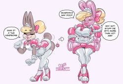 2025 animate_inanimate anthro apron before_and_after big_breasts blonde_hair bose breast_growth breasts bugs_bunny bulge choker clothing digital_media_(artwork) footwear fur gender_transformation glistening glistening_body grey_body grey_fur growth gynomorph hair handles_on_thighs heart_eyes heart_symbol hi_res high_heels inflatable intersex jewelry lagomorph leaning leaning_forward legwear leporid living_inflatable looking_at_viewer looney_tunes maid_headdress maid_uniform male mammal mtg_transformation mti_transformation necklace pink_body pink_clothing pink_footwear pink_high_heels ponytail rabbit seam_(sewing) shoes simple_background small_waist smile solo standing stockings tail toast-arts transformation uniform warner_brothers white_apron white_background white_clothing white_legwear white_stockings wide_hips