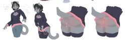 2025 anthro balls black_hair blush bottomwear cleavage_cutout clothing corablue cutout dialogue digital_media_(artwork) domestic_cat english_text felid feline felis female fur gender_transformation genitals grey_body grey_fur hair hi_res legwear looking_down male mammal mtf_transformation pants red_hair sequence short_hair simple_background solo stockings sweater tail text topwear transformation vulva white_background