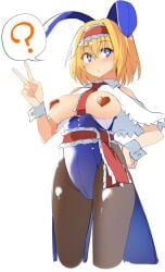 1girls ? alice_margatroid alternate_costume breasts breasts_out bunny_ears bunny_girl bunnysuit capelet cowboy_shot female hand_on_hip heart heart-shaped_pupils heart_pasties kamukamu_(ars) leotard looking_at_viewer pantyhose playboy_bunny solo solo_female thighs touhou v