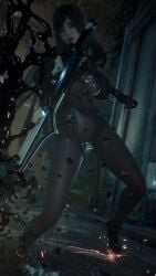 attack black_hair blood_splatter body_stocking breasts clothing_cutout female from_below leather_straps long_hair looking_at_viewer pointing_at_self pussy raven_(stellar_blade) revealing_clothes reverse_outfit screenshot stellar_blade stellarboi sweater_lift sword transparent_clothing video_games wet_pussy worried_expression