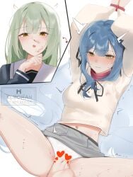 2girls bang_dream! bang_dream!_it's_mygo!!!!! bite_mark bite_mark_on_thigh black_ribbon black_shirt blood blue_hair blush bondage bound bound_wrists collar foot_on_pussy green_hair grey_skirt heart highres kebohan long_hair long_sleeves multiple_girls neck_ribbon nosebleed open_mouth panties parted_lips ribbon sailor_collar school_uniform shirt skirt stepped_on tears togawa_sakiko tsukinomori_school_uniform underwear wakaba_mutsumi white_panties white_sailor_collar yellow_eyes yellow_shirt yuri