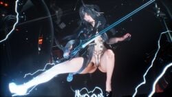 ass attack black_hair high_heels kicking lighting long_hair looking_at_viewer pointing_at_self raven_(stellar_blade) revealing_clothes screenshot stellar_blade stellarboi sword thick_thighs thighs transparent_clothing video_games