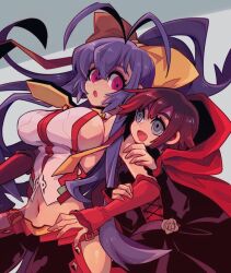 2girls antenna_hair backless_outfit bare_shoulders belt big_breasts black_hair black_pants blazblue blazblue:_cross_tag_battle breasts canon_genderswap cloak crossover dress eastern_and_western_character female female_only fighting_game gloves gradient_hair grey_eyes hair_ribbon halterneck high_ponytail hip_vent hug hug_from_behind large_breasts long_hair looking_at_another lowleg lowleg_pants magenta_eyes mai_natsume mako_gai medium_breasts multicolored_hair multiple_girls open_mouth pants ponytail purple_hair red_gloves red_hair red_hood ribbon ruby_rose rwby short_dress short_hair sideboob sidelocks smile voice_actor_connection yellow_ribbon