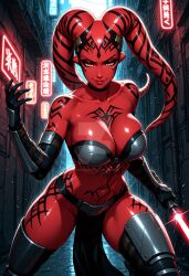 ai_generated alien alley armor bare_shoulders bikini_armor black_gloves boots breasts choker cleavage clothing collarbone colored_skin darth_talon elbow_gloves energy_sword facial_tattoo female full-body_tattoo gloves holding holding_sword holding_weapon large_breasts leg_tattoo lightsaber loincloth looking_at_viewer navel pelvic_curtain pointy_ears red_skin shiny_skin skindentation smile solo star_wars stomach_tattoo sword tattoo tentacle_hair thebear0001 thighhighs tribal_tattoo twi'_lek weapon yellow_eyes