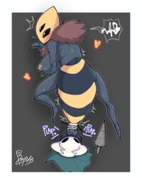 above above_view anthro anthro_female artist_signature bayonet_(artist) bee bird's-eye_view blush breasts bug_girl dialog dialogue dialogue_bubble doctor5648 female female_focus female_penetrated from_behind from_behind_position hollow_knight insect_girl insects large_breasts larger_anthro larger_female looking_back multieye queen queen_vespa size_difference smaller_male solo solo_female standing stinger stinger_(anatomy) talking talking_to_another taller_female taller_girl team_cherry the_knight_(hollow_knight) wasp wasp_waist