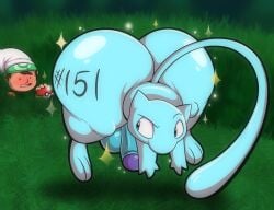 absurd_res anthro ass ass_up balls big_butt blue_body blush brendan_(pokemon) butt_tattoo darkened_genitalia duo embarrassed floating generation_1_pokemon genitals grass hi_res huge_butt human legendary_pokemon looking_at_another looking_back male mammal mew_(pokemon) nintendo number_on_body penis plant pokeball pokemon pokemon_(species) pokemon_trainer shiny_pokemon sparkles tall_grass tattoo taunting tepigfan101 wide_hips