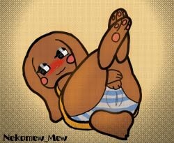 anthro ass barely_visible_genitalia brown_body clothing coco_(nekomew_mew) ears_down embarrassed female feral genitals hi_res lagomorph leporid mammal nekomew_mew panties pawpads paws pivoted_ears rabbit rodent ruborised simple_background solo tail underwear yellow_clothing