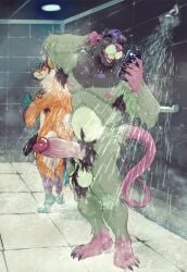 absurd_res anthro armpit_hair balls bathing big_balls big_penis biped black_hair black_penis bodily_fluids body_hair canid canine cellphone duo ear_piercing ear_ring electronics facial_hair facial_piercing fox fur genital_fluids genitals glans goatee green_body green_fur hair hairless_tail hi_res highlights_(coloring) holding_cellphone holding_object holding_phone holding_smartphone humanoid_genitalia humanoid_penis likanen male mammal murid murine nose_piercing notched_ear penis phone piercing pink_nose precum pubes rat ring_piercing rodent saggy_balls shower showering smartphone standing tattoo vein veiny_penis water wet whiskers