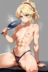 abdomen abs blonde_female blonde_hair fan green_eyes mordred_(fate) muscular ponytail small_breasts sweating thong