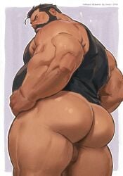 1boy artist_name ass bara beard belly biceps black_hair black_tank_top blush character_name closed_mouth commentary_request copyright_name facial_hair fat from_behind fullmetal_alchemist highres looking_back looking_down male_focus muscular muscular_male no_pants plump sig_curtis tank_top testicles thick_thighs thighs zero_(zero_087)