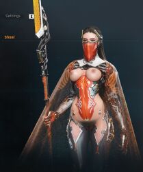 android blue_eyes breasts breasts_out brown_hair cape clothing_cutout female female_pubic_hair mask polearm pubic_hair pussy reverse_outfit screenshot shael_(stellar_blade) spear stellar_blade stellarboi video_games weapon