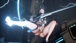 ass attack black_hair high_heels kicking lighting long_hair looking_at_viewer pointing_at_self raven_(stellar_blade) revealing_clothes screenshot stellar_blade stellarboi sword thick_thighs thighs transparent_clothing video_games