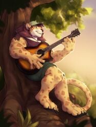 3:4 anthro blue_eyes bottomwear brown_clothing brown_mane brown_topwear clothed clothing felid fur green_bottomwear green_clothing green_hat green_headwear green_shorts grin guitar hat headgear headwear hi_res holding_guitar holding_musical_instrument holding_object lion male mammal mane markings muscular muscular_anthro muscular_male musical_instrument orange_markings orange_spots outside pantherine pecs plant plucked_string_instrument red_nose shorts smile solaxe_(artist) solo spots spotted_arms spotted_legs spotted_markings spotted_tail string_instrument tail tail_markings tail_tuft topwear tree tuft yellow_body yellow_fur