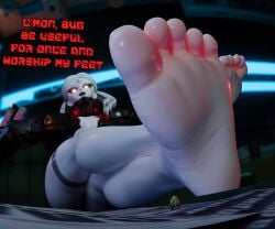 1boy 1girls 3d 3d_(artwork) barefoot cyberpunk:_edgerunners cyberpunk_2077 david_martinez_(edgerunners) dominant dominant_female domination feet feet_focus feet_up female femdom foot_fetish giantess grey_body grey_hair keynor macro male micro rebecca_(edgerunners) rebecca_smasher red_eyes tagme tattoo text toes
