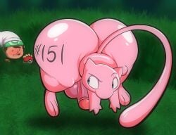 absurd_res anthro ass ass_up balls big_butt blush brendan_(pokemon) butt_tattoo darkened_genitalia duo embarrassed floating generation_1_pokemon genitals grass hi_res huge_butt human legendary_pokemon looking_at_another looking_back male mammal mew_(pokemon) nintendo number_on_body penis pink_body plant pokeball pokemon pokemon_(species) pokemon_trainer tall_grass tattoo taunting tepigfan101 wide_hips