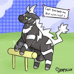 animal_genitalia animal_penis balls bodily_fluids ears_down equine_genitalia equine_penis erection feral generation_5_pokemon genital_fluids genitals hi_res leaking_precum male medial_ring mottled mottled_genitalia nintendo on_hind_legs penis pivoted_ears pokemon pokemon_(species) pokemon_amie precum requesting sex_request sleepylux solo striped_body stripes sweat text_box zebstrika