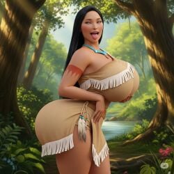 1girls ahe_gao ahoge ai_generated big_areola big_ass big_belly big_breasts big_butt big_muscles big_nipples big_thighs bimbo breasts disney disney_princess female forest muscles outdoors pocahontas pocahontas_(character) river solo solo_female tongue_out