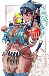 1girls animal_ears apple artist_name bandana bikini blue_hair bodypaint breasts bright_pupils chubby curvy dark-skinned_female dark_blue_hair dark_skin eating fanbox_username female female_only fingernails food fruit fur_trim hair_between_eyes highres holding holding_food holding_fruit jewelry kemonomimi large_breasts long_hair machete navel necklace nekoguchi original pear pelvic_curtain plump red_eyes sheath sheathed signature simple_background skindentation solo swimsuit tan tassel tattoo tongue tongue_out torn torn_clothes traditional_clothes tribal tribal_tattoo twitter_username warrior white_background white_pupils