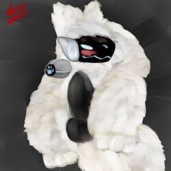 1:1 2025 anonymous_artist anthro balls big_penis black_penis blue_eyes blue_visor bodily_fluids fur genital_fluids genitals hi_res machine male male/male penis pinup pose protogen smile solo solo_focus white_body