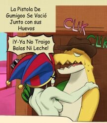 clown clown_girl comedy glitch_productions gummigoo_(the_amazing_digital_circus) jester jester_hat male/female male_on_female pomni pomni_(the_amazing_digital_circus) sex spanish spanish_dialogue spanish_text the_amazing_digital_circus unseen_penetration waiftoon