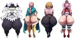 1boy 3girls ai_generated ass ass_chart ass_comparison ass_focus big_ass black_gloves blackwhiplash blackwhiplash_(style) blonde_hair braid cavendish curvy female fingerless_gloves from_behind gloves hood huge_ass koala_(one_piece) long_hair male multiple_girls one_piece panties perona pink_hair rebecca_(one_piece) short_hair striped striped_legwear tagme thick_thighs thighhighs thighs thong underwear white_background wide_hips