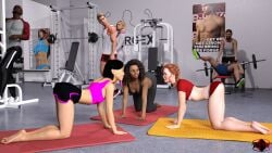3d 4boys 4girls all_fours asian asian_female ass being_watched black_body black_hair blue_eyes breasts brown_eyes brown_hair caucasian_female curly_hair dark-skinned_female dark-skinned_male dark_skin distracted ebony ebony_female exercise exercise_clothing exercise_equipment female freckles gym gym_clothes hana_(troxvi) human lifting_weights light-skinned_female light-skinned_male light_skin male meme_reference multiple_boys multiple_girls orange_hair original_character petite public red_hair redhead rori_collins_(troxvi) self_upload short_shorts shorts skimpy_clothes small_breasts teenage_girl teenager tianna_(troxvi) troxvi underboob women workout workout_clothes yoga yoga_mat yoga_pants