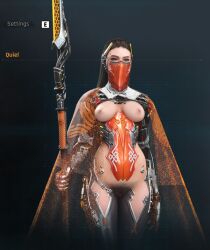 ai_assisted android blue_eyes breasts breasts_out brown_hair cape clothing_cutout edit female female_pubic_hair mask polearm pubic_hair pussy quiel_(stellar_blade) reverse_outfit screenshot spear stellar_blade stellarboi video_games weapon