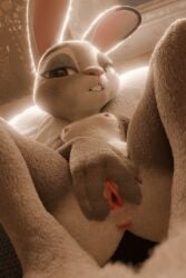 4_fingers absurd_res anthro anus bed bedroom bedroom_eyes buckteeth claws close-up detailed detailed_fur disney european_rabbit female fever-dreamer fingers fur furniture genitals grey_body grey_fur hi_res inside lagomorph leporid light long_ears looking_at_viewer mammal multicolored_body narrowed_eyes nipples nude nude_anthro nude_female oryctolagus presenting rabbit seductive solo spread_legs spread_vulva spreading teeth two_tone_body vaginal_penetration vulva white_body white_fur zootopia