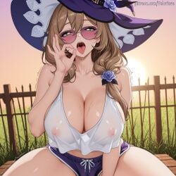 1girl ai_generated bare_shoulders blush breasts brown_hair cameltoe cleavage collarbone covered_nipples dolphin_shorts fellatio_gesture female fence flower genshin_impact green_eyes hair_ornament hat hat_flower heart heart-shaped_pupils hi_res large_breasts lisa_(genshin_impact) long_hair looking_at_viewer open_mouth patreon patreon_username purple_headwear saliva see-through short_shorts shorts sitting solo sunglasses symbol-shaped_pupils tank_top thighs tongue tongue_out velurieve white_tank_top witch_hat