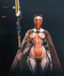 android breasts breasts_out brown_hair cape clothing_cutout female looking_at_viewer mask polearm pussy rael_(stellar_blade) reverse_outfit screenshot spear stellar_blade stellarboi video_games weapon