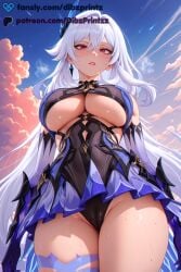 1girls ai ai_assisted ai_generated anime artist_name bare_shoulders blush breasts butterfly_hair_ornament cameltoe detached_sleeves dibzprintz earrings fansly female from_below genshin_impact gloves grey_hair hair_between_eyes hair_ornament hi_res high_quality high_resolution highres hoyoverse jewelry large_breasts leotard long_hair looking_at_viewer looking_down mihoyo parted_lips red_eyes skirk_(genshin_impact) sky solo sweat thighs underboob very_long_hair watermark white_hair