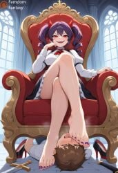 1boy 1boy1girl 1girls adc ai_generated better boy cowgirl_position crown devious dominant dominant_female domination dominatrix feet feet_fetish feet_focus feet_together feet_up female femdom femdomfantasyai fetish foot_fetish foot_focus foot_lick footjob footwear forced highres human kissing male original_characters purple_hair smirk smirking submissive_male taller_girl throne throne_room wins