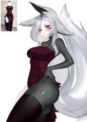 animal_ears ass bare_shoulders black_legwear blush breasts dress dya_rikku_(vtuber) female fox_ears fox_tail hand_on_hip large_breasts looking_at_viewer solo tail thighhighs vyugen