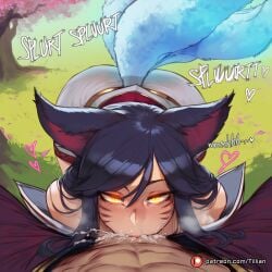 1boy ahri ai_generated animal_ears artist_name bare_shoulders black_hair blush cum cum_in_mouth cum_in_nose cum_overflow deepthroat detached_sleeves english_text facial_mark fellatio female fox_ears fox_girl fox_tail glowing_eyes heart league_of_legends long_hair looking_at_viewer multiple_tails oral orange_eyes outdoors patreon_logo patreon_username penis pov pov_crotch sett slit_pupils solo_focus straight tail tillian tree whisker_markings yellow_eyes