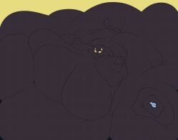 black_cat blob blue_pawpads blue_tongue cellulite distressed double_chin fat fat_face fat_feet fat_female fat_hands fat_paws fat_rolls filling_canvas immobile massive_belly massive_breasts massive_thighs navel overweight overweight_female smokii tail worried worried_expression yellow_background yellow_ears yellow_eyes yellow_nose