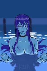 blue_background blue_lighting breasts chainsaw_man crossover crossover_cosplay doki_doki_literature_club female kainlarsen large_breasts manga_panel_redraw messy_hair pool reference reze_(chainsaw_man) seductive_smile submerged wet_hair wet_skin yuri_(doki_doki_literature_club)