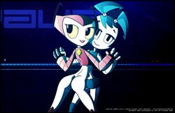 2003 2girls davirus female fluffy_(artist) jenny_wakeman multiple_females multiple_girls my_life_as_a_teenage_robot smooth_skin vega_(mlaatr) xj-9 yuri