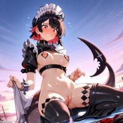 (titancore) ai_generated animal_humanoid big_breasts black_hair cute ellen_joe embarrassed female girl hairclip maid maid_uniform monster_girl multicolored_hair naked nipple_piercing outside pussy pussy_juice red_hair shark_girl shark_tail video_game_character water wet_body wet_clothes wet_pussy wet_skin zenless_zone_zero