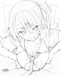 artist_name breasts cleavage clenched_teeth collarbone dated female hair_between_eyes highres kichihachi large_breasts looking_at_viewer monochrome motion_lines necktie original paizuri pov shirt side_ponytail solo_focus sweat teeth thick_eyebrows