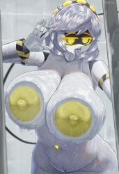 1girls against_glass against_surface alternate_version_available areola ass bathroom big_areola big_ass big_breasts big_nipples breasts epokguyz exposed_nipples female female_focus female_only gigantic_ass gigantic_breasts gigantic_thighs glitch_productions huge_areola huge_ass huge_nipples looking_at_viewer murder_drones naked naked_female nipples saliva_on_tongue short_hair shower showering sliver_hair solo thick_thighs thighs tongue_out v_(murder_drones) water wet wet_body white_body yellow_eyes