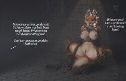 3d_(artwork) anthro bondage bondage bound bowl breasts canid canine chains container digital_media_(artwork) english_text eyewear falconfeather female fox fur genitals hi_res kidnapping mammal medium_breasts nipples nude prison restraints rope rope_bondage slave text
