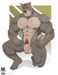 2023 abs absurd_res anthro areola artist_name balls bara big_balls big_penis biped brown_body brown_fur canid canine canis claws collar colored domestic_dog feet finger_claws fingers flaccid foreskin front_view full-length_portrait fur genitals glans green_eyes hair hi_res humanoid_feet humanoid_hands isaac_andel looking_at_viewer male mammal mohawk muscular muscular_anthro muscular_arms muscular_legs muscular_male navel nipple_piercing nipple_ring nipples pecs penis piercing pinup plantigrade portrait pose pubes red_hair ring_piercing shaded shadow short_hair short_tail simple_background smile solo tail tan_body tan_fur text toe_claws toes uncircumcised vein veiny_penis yaoi